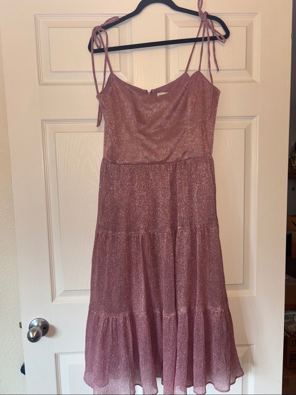 Dress the Population Shimmer Tie-Shoulder Midi Dress in Dusty Rose